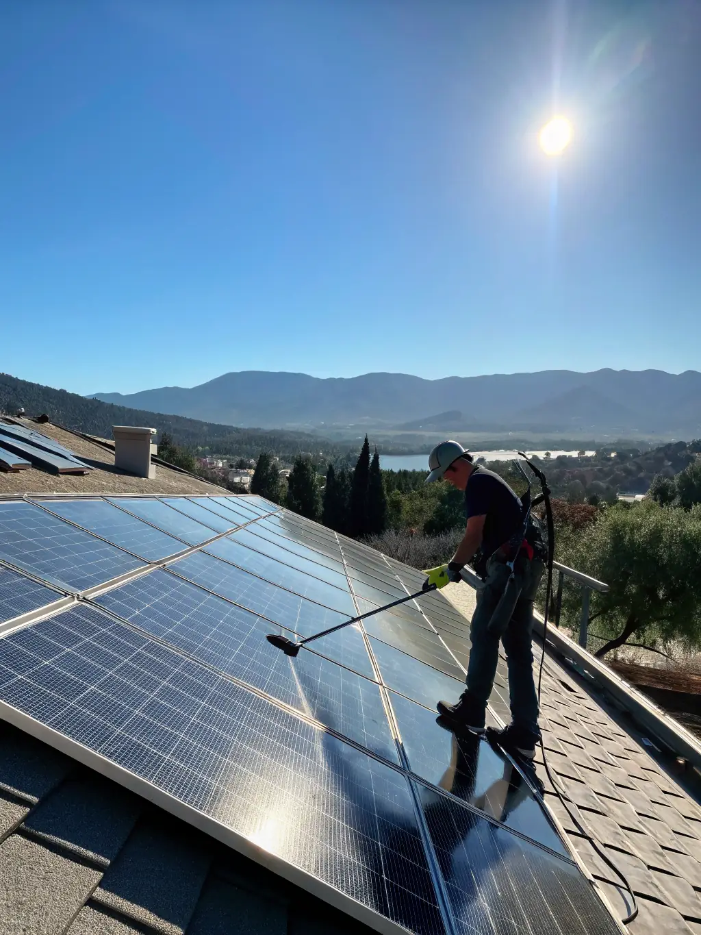 A Suntec Solar maintenance team member inspecting solar panels on a rooftop in Sri Lanka, using specialized equipment. The image should convey professionalism and reliability.